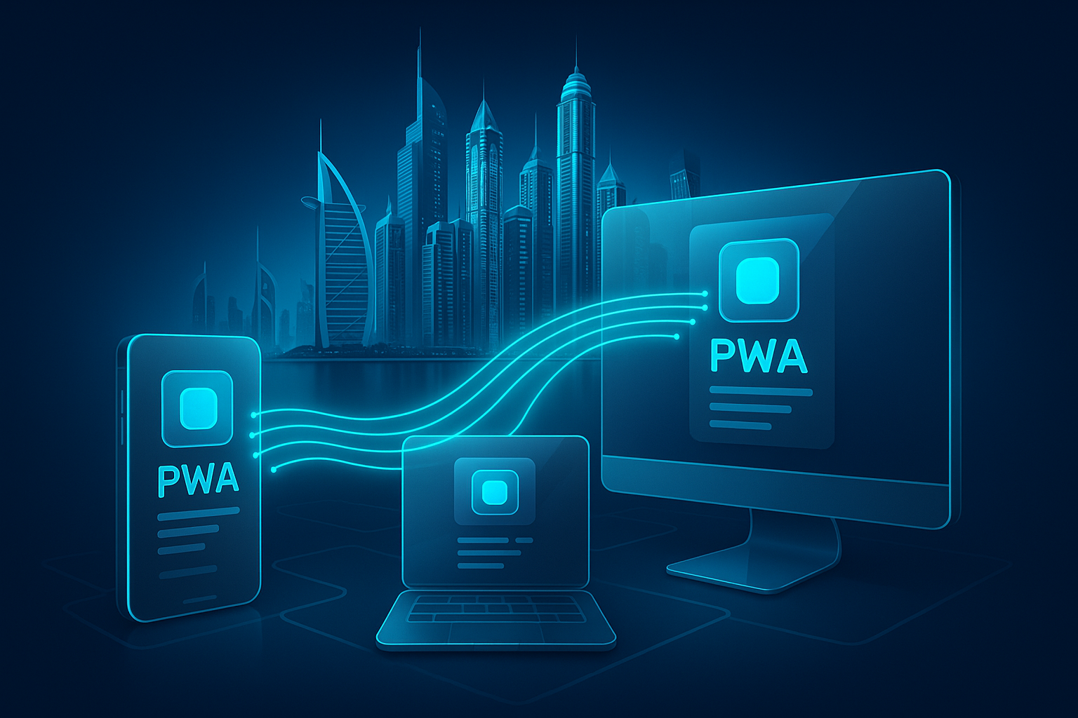 A detailed, futuristic 3D isometric description of a Dubai Marina skyline at dawn, with glowing cyan data streams linking a phone, tablet, and desktop that display the same PWA interface, glass panels floating in dark mode glassmorphism