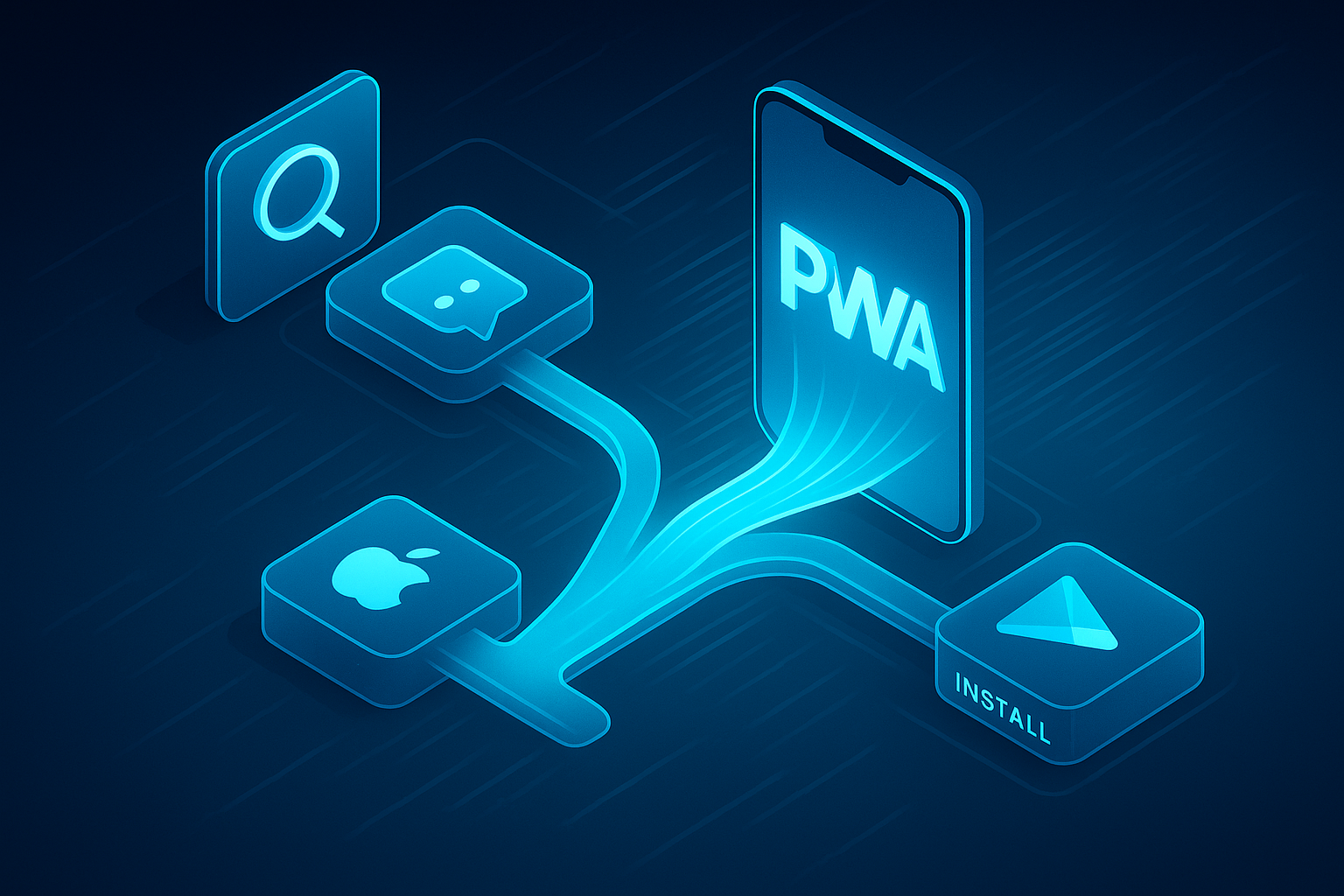 A futuristic 3D isometric funnel that starts at search and social tiles, flows through a glowing PWA screen, then branches to App Store and Google Play icons with install badges. Cyan #00D4FF accents, glass panels, and speed lines communicate instant load.