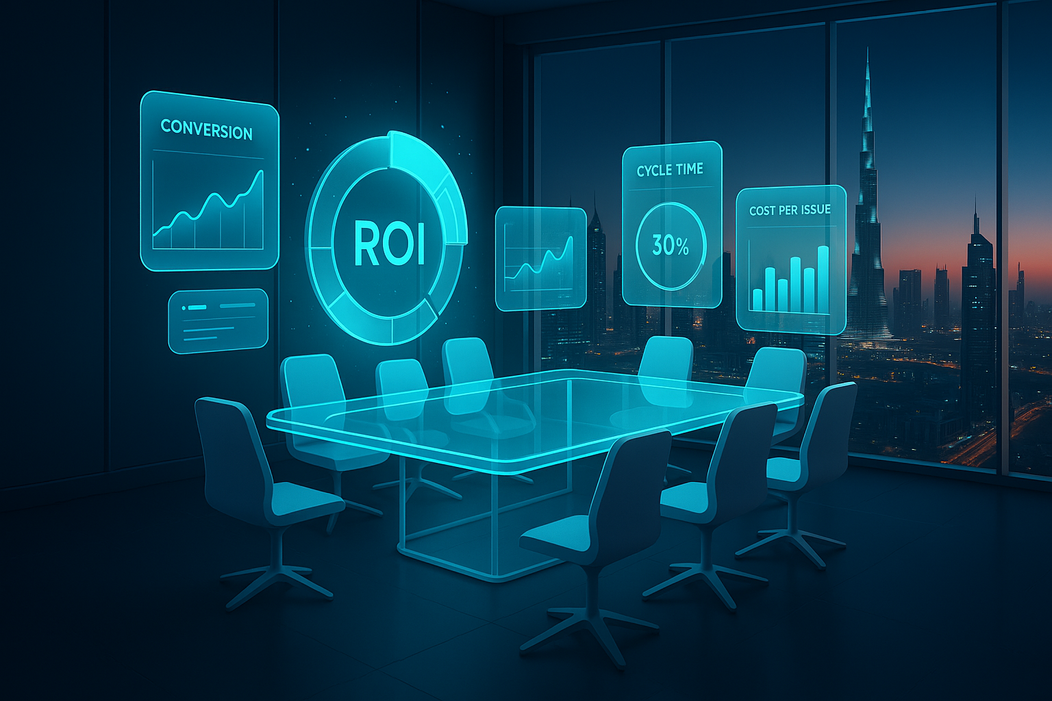 A detailed, futuristic 3D isometric boardroom with a glass table, holographic ROI dashboards floating in cyan light, Dubai skyline at dusk through panoramic windows, and translucent glassmorphism UI cards showing KPIs like conversion, cycle time, and cost per issue