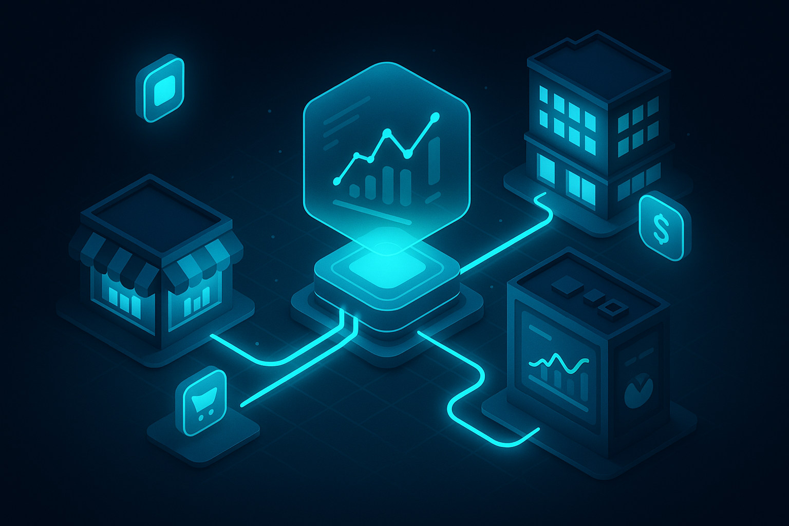 A detailed, futuristic 3D isometric description of a dark mode GCC city grid with glowing cyan #00D4FF data streams connecting storefronts to a central PWA control hub, app icons floating as holograms, and dashboards showing conversion and CAC metrics