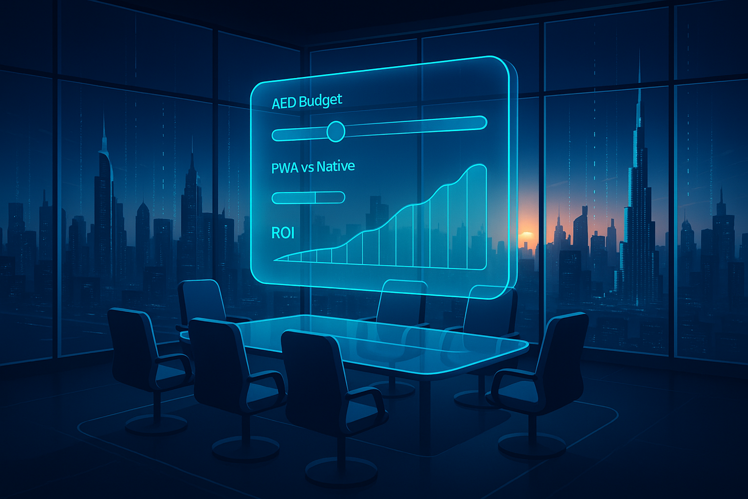 A detailed, futuristic 3D isometric description of a Dubai boardroom at sunrise with a transparent glass dashboard showing AED budget sliders, PWA versus native cost bars, and ROI curves glowing in cyan #00D4FF, set against a dark mode city skyline with subtle holographic data streams