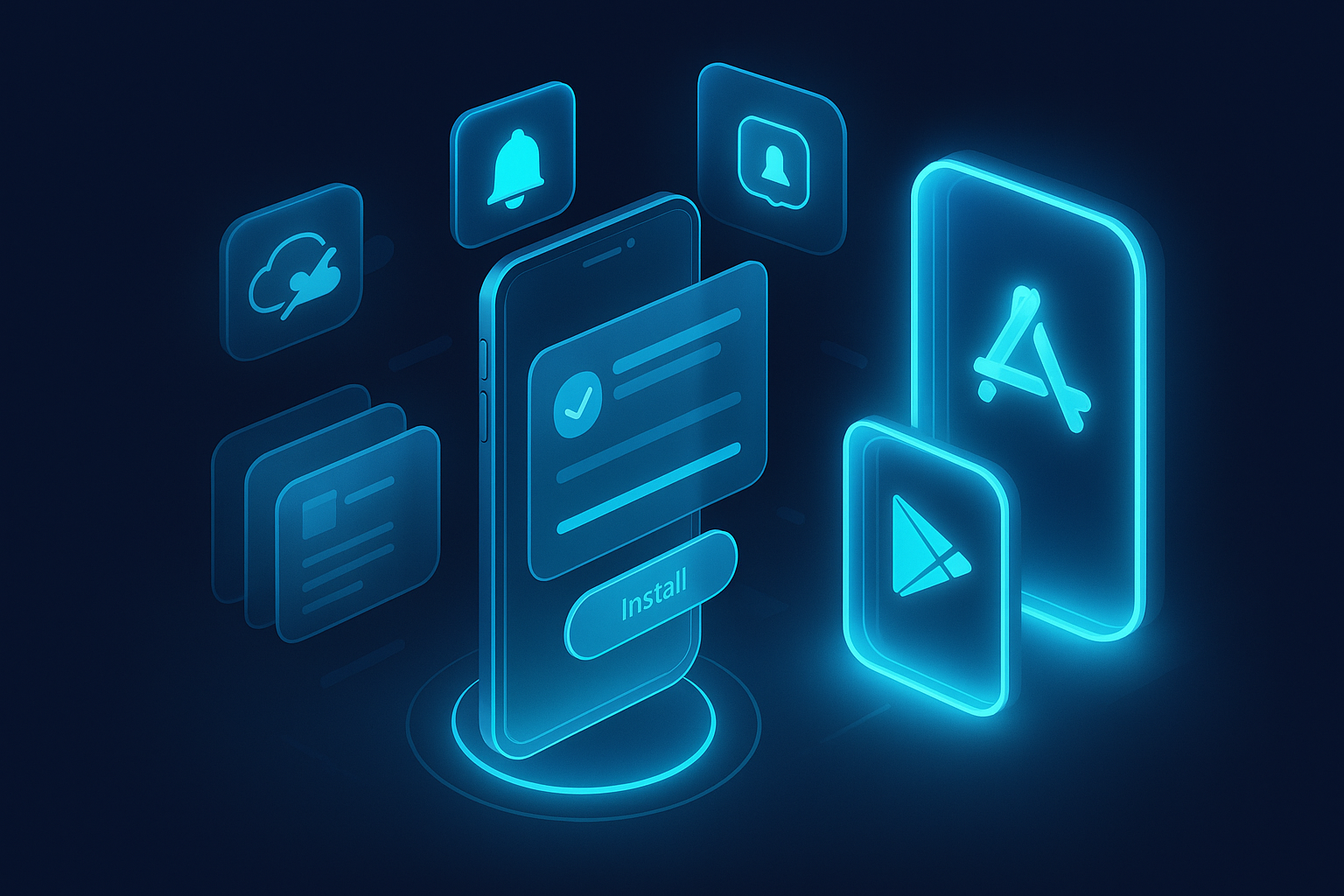 A detailed, futuristic 3D isometric description of a PWA install flow on a holographic smartphone, with cyan highlights, push notification icons, offline cloud symbols, and an App Store plus Google Play gateway rendered as glowing portals, glassmorphism cards stacked