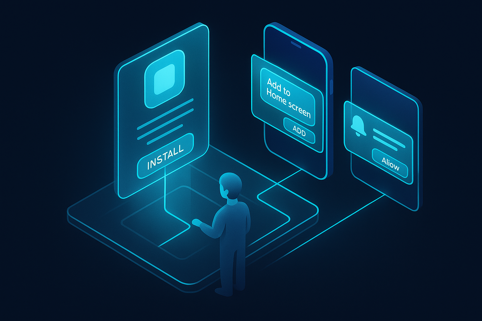 A precise, futuristic 3D isometric storyboard of a user installing a PWA from a holographic app store panel, phone and tablet floating above a glass desk, cyan #00D4FF highlights tracing add to home screen and push permission flows.