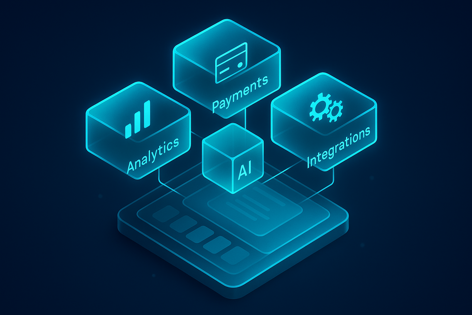 A detailed, futuristic 3D isometric description of a modular app as floating glass blocks snapping together, each block labeled Analytics, Payments, AI, and Integrations, illuminated in cyan #00D4FF