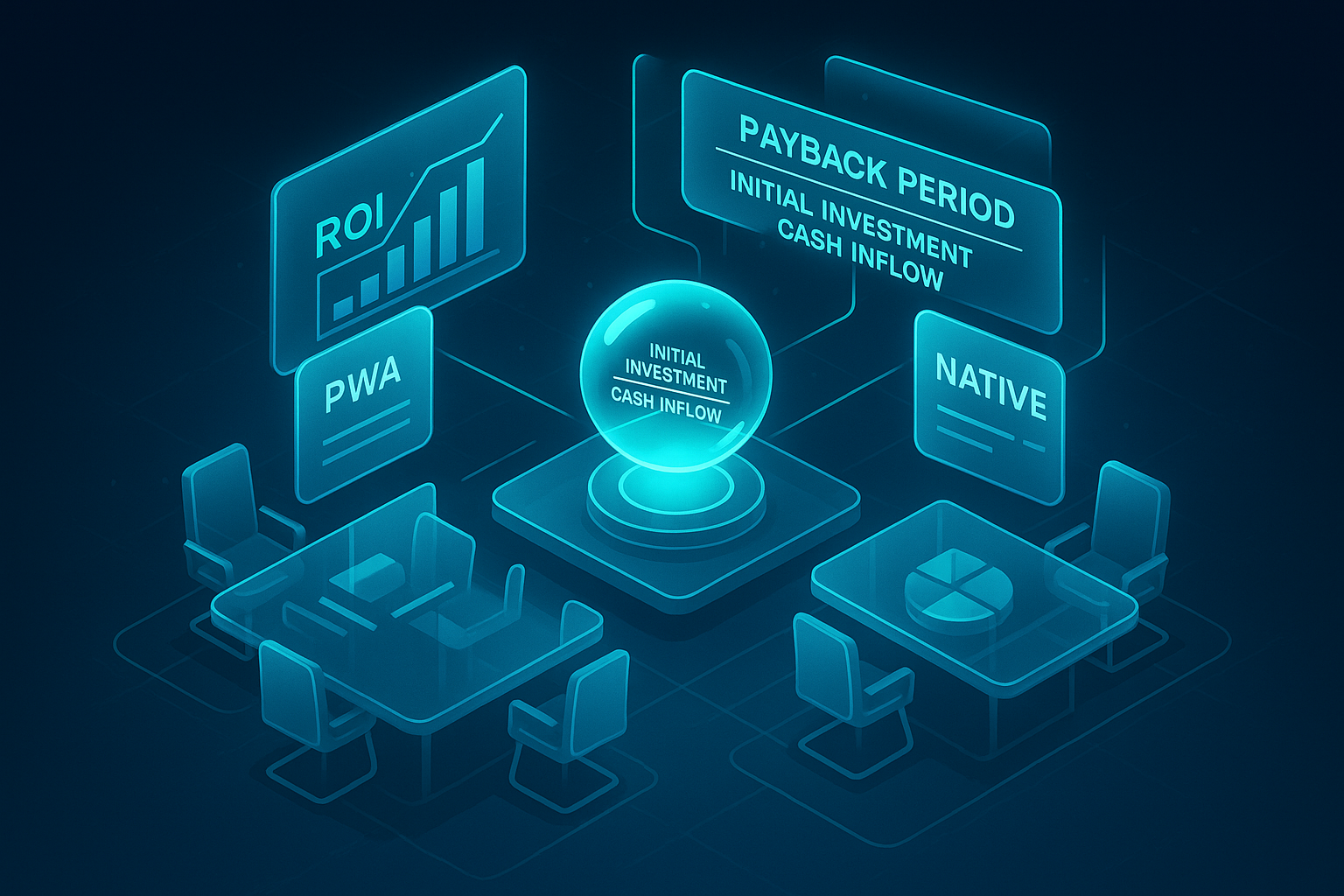 A detailed, futuristic 3D isometric financial boardroom with transparent glass tables, holographic ROI formulas floating above, a PWA card and a Native card feeding data into a central cyan #00D4FF orb that calculates payback period