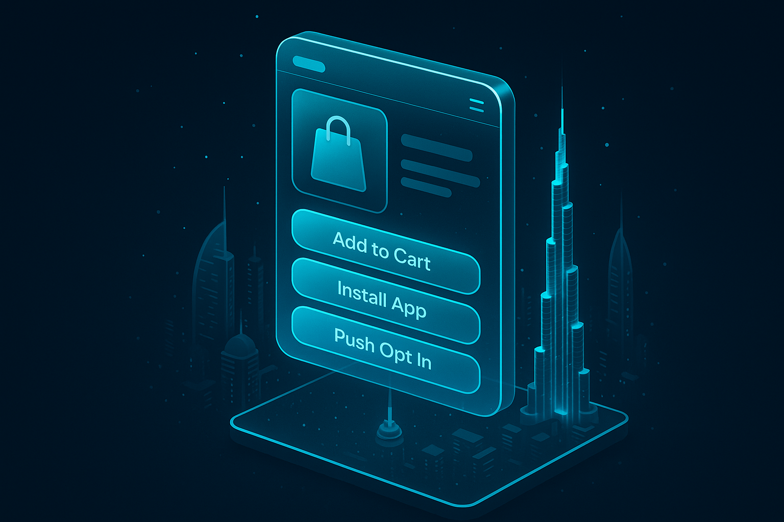 A detailed, futuristic 3D isometric description of a PWA storefront floating above a neon lit Dubai skyline, with cyan holographic buttons for Add to Cart, Install App, and Push Opt In, rendered in glassmorphism, dark mode, and subtle particle effects