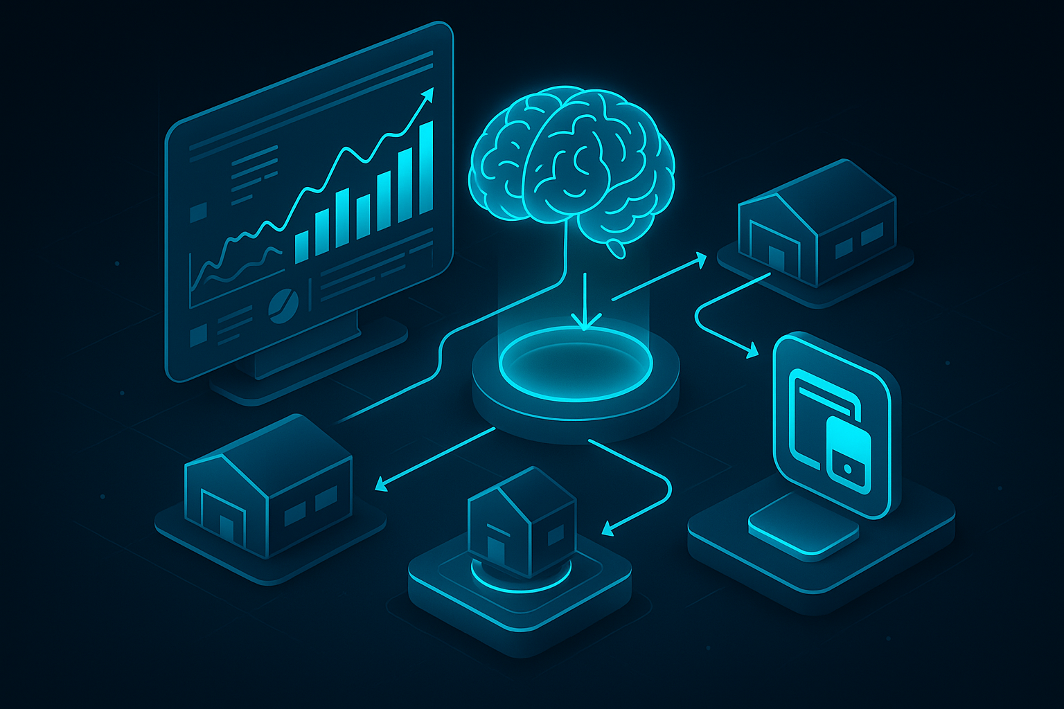 A detailed, futuristic 3D isometric description of a glassmorphism analytics command center, with neon cyan #00D4FF charts, AI brain holograms routing orders to warehouses, and a PWA icon merging web and mobile devices above a glowing checkout terminal
