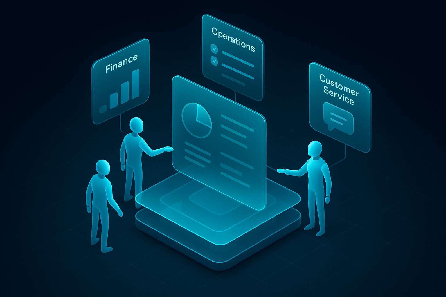A detailed, futuristic 3D isometric description of collaborative AI agents handing off tasks across finance, operations, and customer service panels, all within a cyan accented glassmorphism workspace