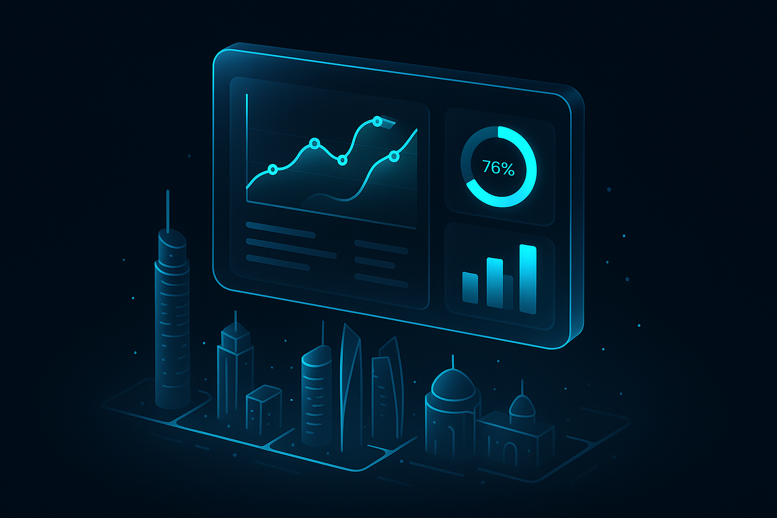 A detailed, futuristic 3D isometric description of an Abu Dhabi executive dashboard floating above the skyline, with cyan #00D4FF holographic charts showing ROI, cost savings, and PWA install metrics, all in a sleek glassmorphism dark mode interface