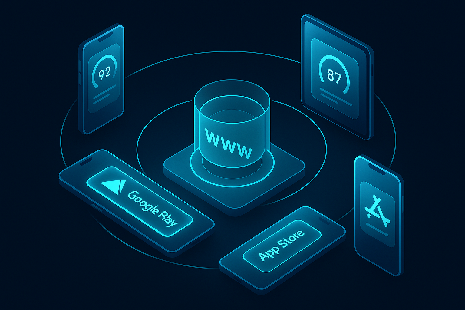 A detailed, futuristic 3D isometric description of a cross device PWA flow, phones and tablets orbiting a central web core, install buttons for Google Play and App Store glowing in cyan #00D4FF, glassmorphism cards showing speed scores