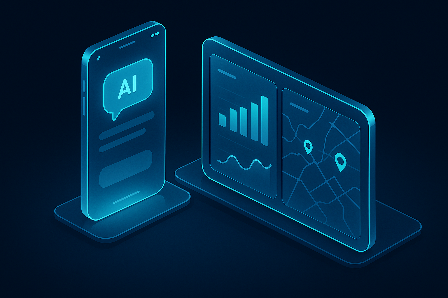 A detailed, futuristic 3D isometric description of a translucent smartphone and tablet showing a glassmorphic PWA dashboard with AI chat, demand forecasts, and logistics maps, glowing cyan #00D4FF accents and subtle shadows