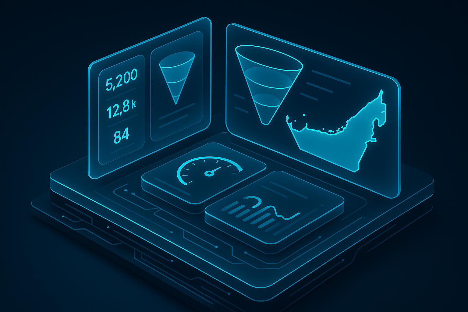 A detailed, futuristic 3D isometric description of a founder dashboard with glass panels showing KPI cards, conversion funnels, speed gauges, and a map of the UAE glowing in cyan, all layered in dark mode glassmorphism