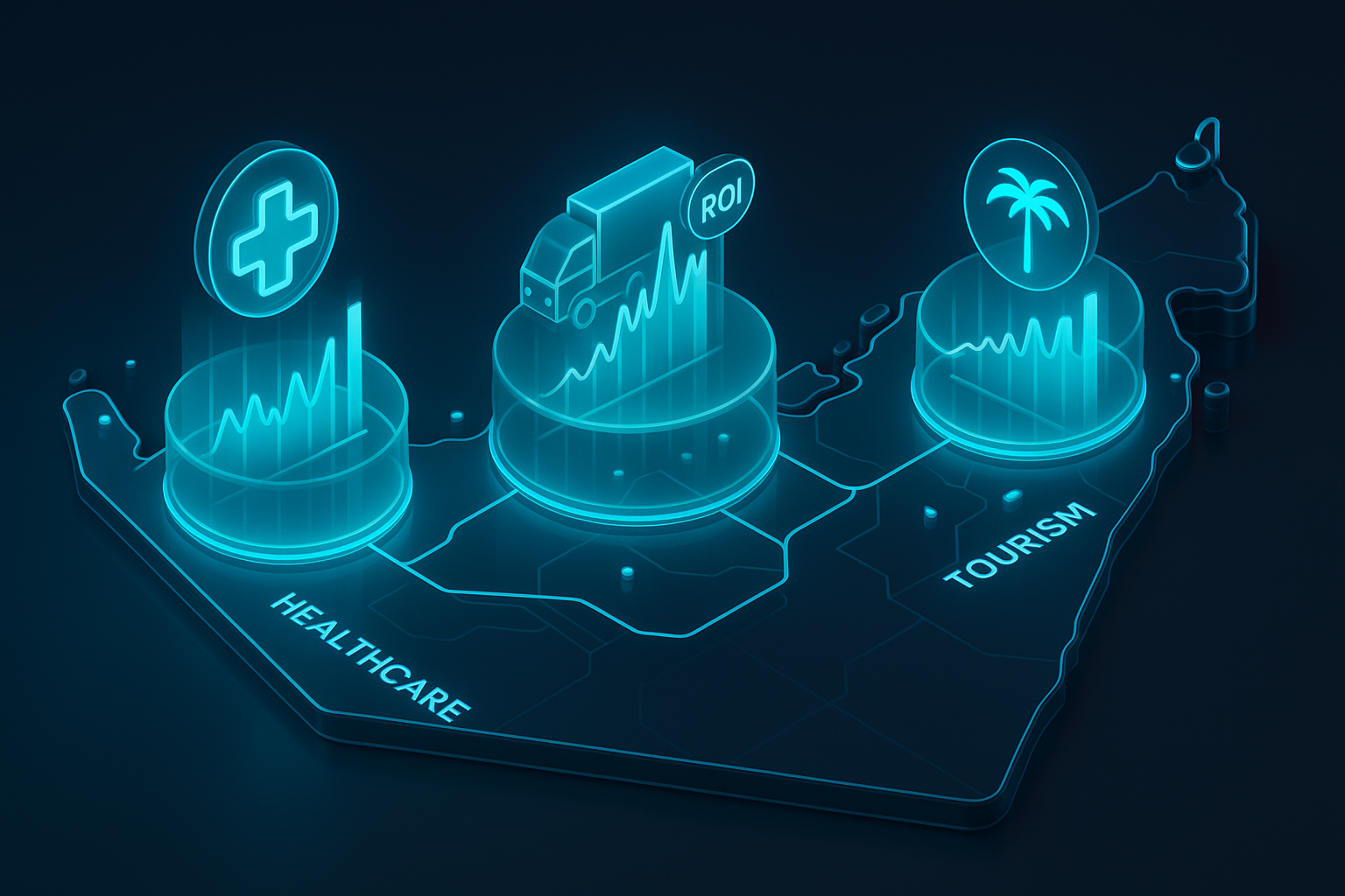 A detailed, futuristic 3D isometric description of interconnected UAE sectors healthcare, logistics, and tourism depicted as glowing nodes on a dark glass map, each node showing analytics spikes and ROI badges in cyan #00D4FF