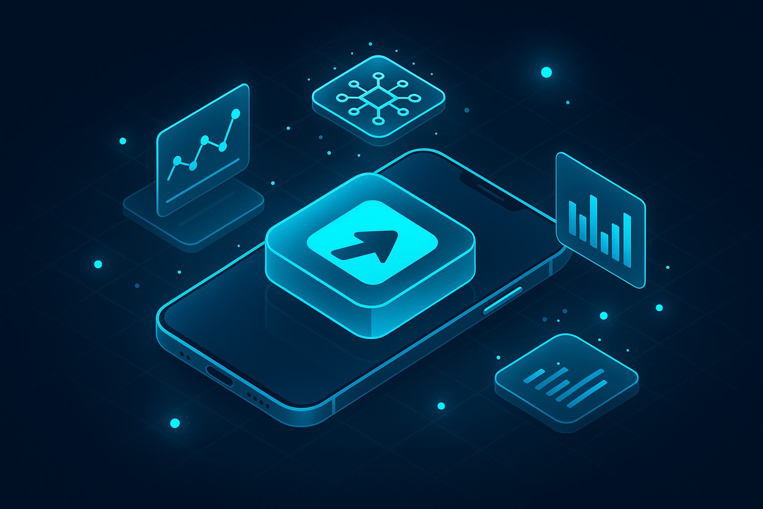 A detailed, futuristic 3D isometric description of a PWA icon morphing into a native app tile on a glass smartphone, surrounded by analytics charts and AI nodes pulsing in cyan #00D4FF