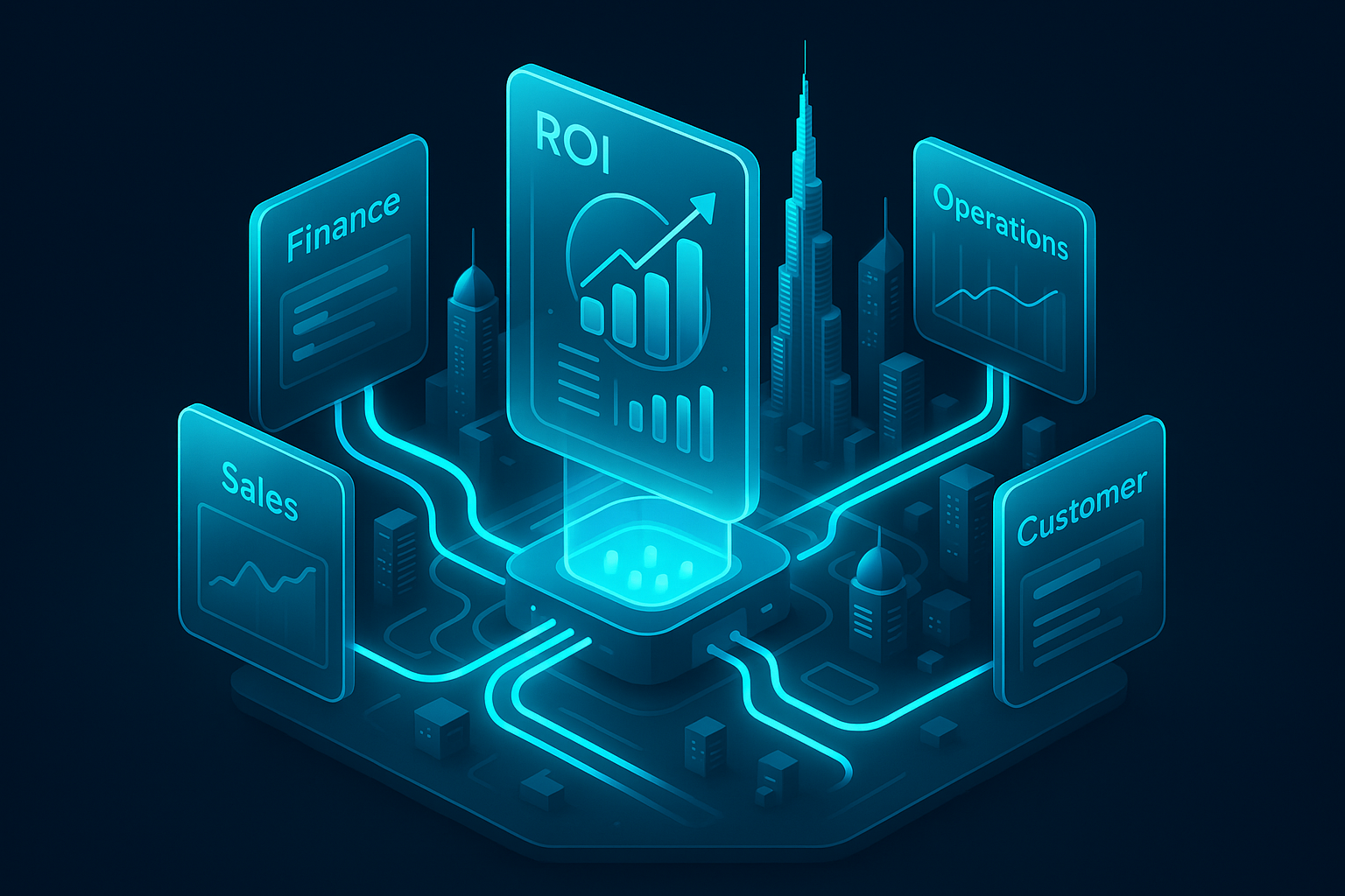A detailed, futuristic 3D isometric description of a dark mode Dubai skyline with cyan #00D4FF data conduits flowing between glass panels labeled Finance, Operations, Sales, and Customer, all connected to a central holographic ROI dashboard