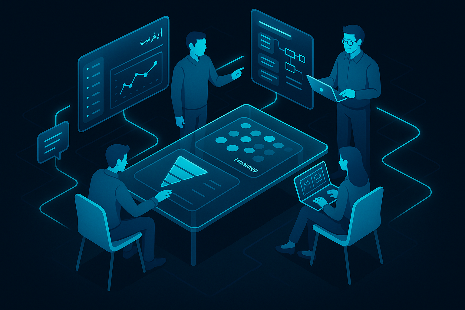 A detailed, futuristic 3D isometric team war room with Arabic and English UI on floating screens, cyan #00D4FF highlights tracing user journeys, a glass table showing conversion funnels and heatmaps, people collaborating across devices