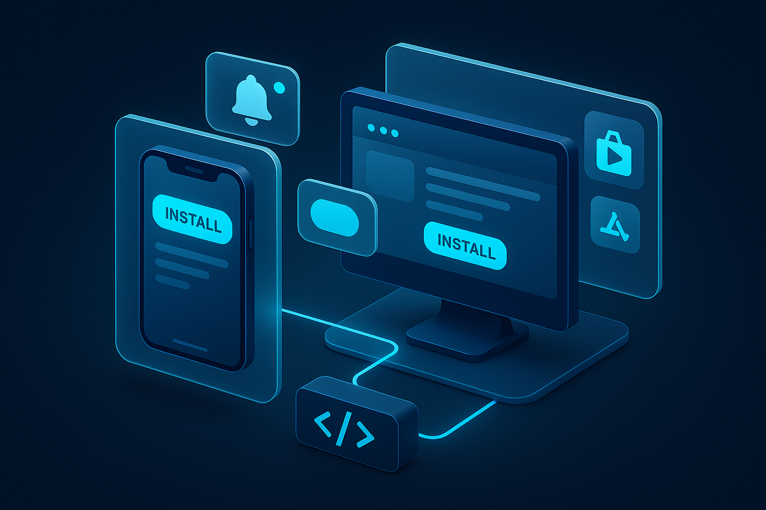 A detailed, futuristic 3D isometric description of a smartphone and desktop floating in glassmorphism panels, with cyan install prompts, push notification bubbles, and store badges glowing beside a single codebase pipeline