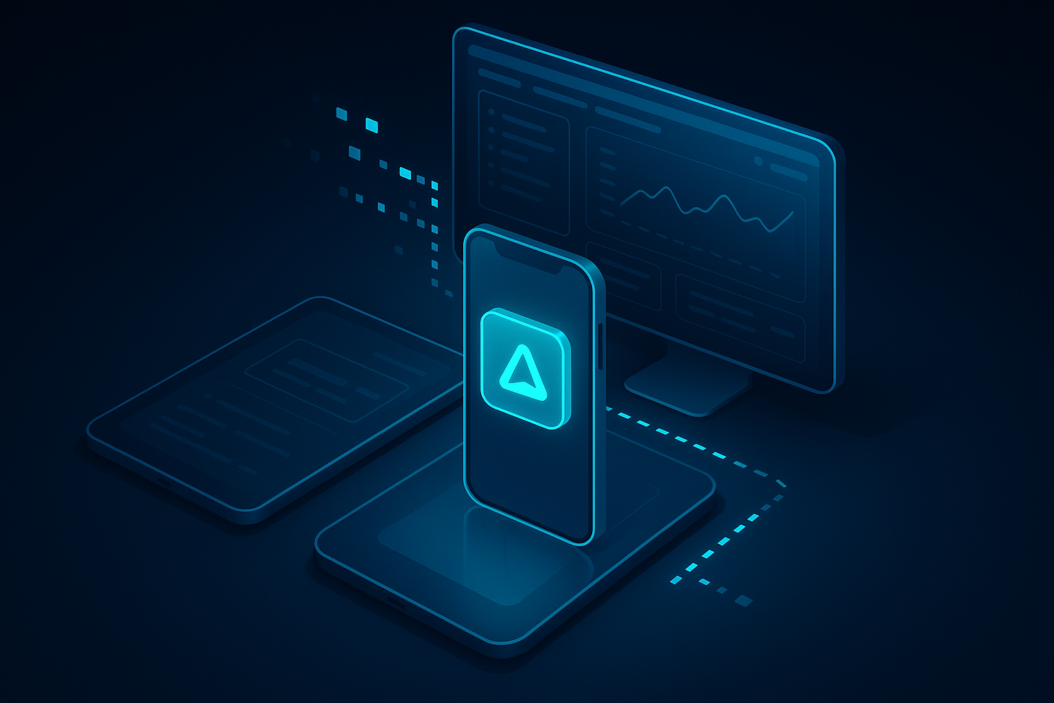 A detailed, futuristic 3D isometric description of an installable PWA icon glowing on a smartphone and tablet, synced with a desktop dashboard, all in glassmorphism style with cyan #00D4FF accents and data packets flowing between devices.