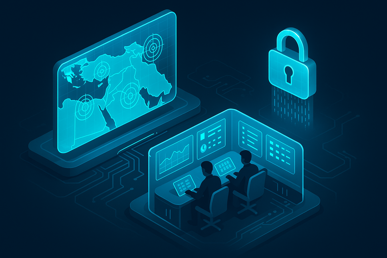 A detailed, futuristic 3D isometric security operations center with cyan holographic threat maps over a stylized map of the Middle East, analysts monitoring compliance dashboards inside a glassmorphism console, lock icon floating with encrypted data streams