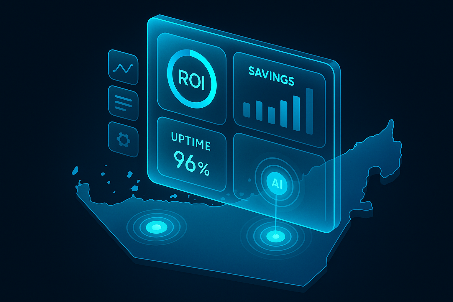 A detailed, futuristic 3D isometric description of a CEO dashboard hovering over a map of the UAE, nodes for Dubai, Sharjah, and Abu Dhabi pulsate with AI activity; panels show ROI, savings, and uptime; cyan gradients and glassmorphism effects