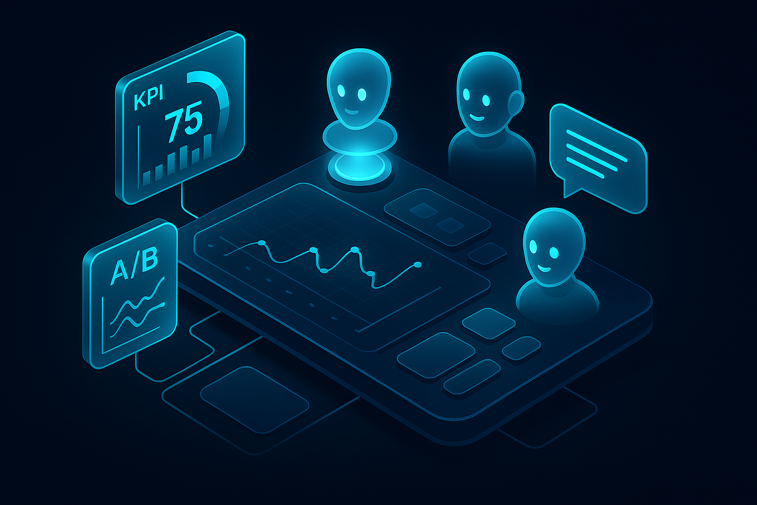 A detailed, futuristic 3D isometric description of a command center dashboard with holographic KPI tiles, A B test panels, and AI assistants guiding next actions, all styled in dark mode with cyan #00D4FF glow