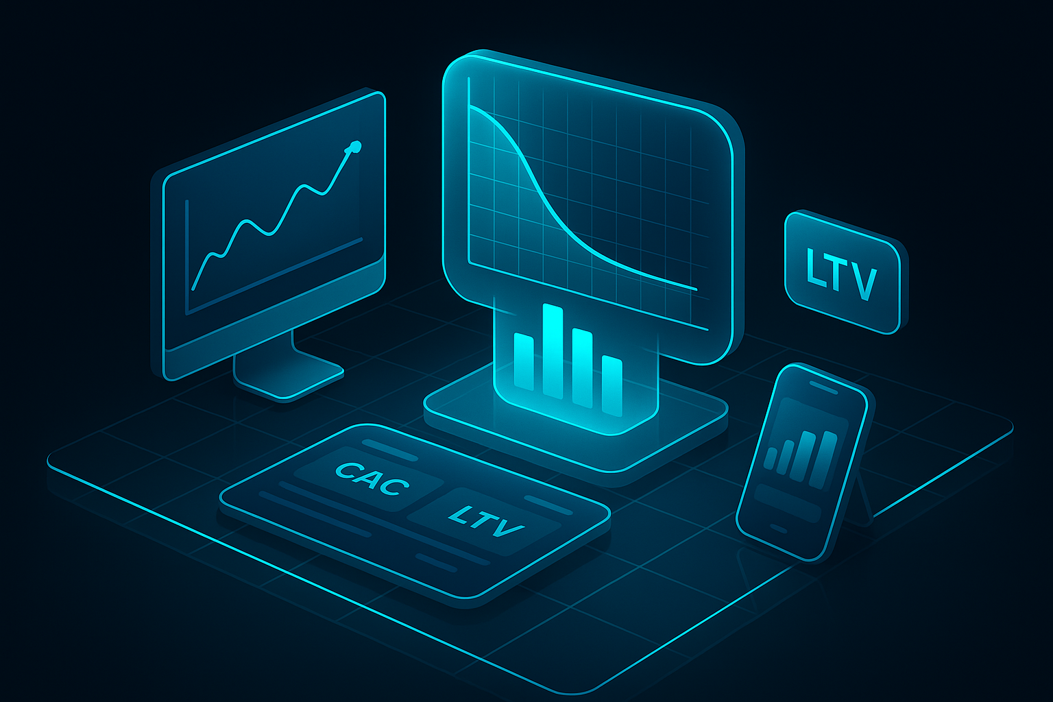 A detailed, futuristic 3D isometric description of a real time KPI command center with holographic retention curves, CAC and LTV tiles, and a PWA installed on multiple devices, all floating over a glass grid with cyan #00D4FF accents