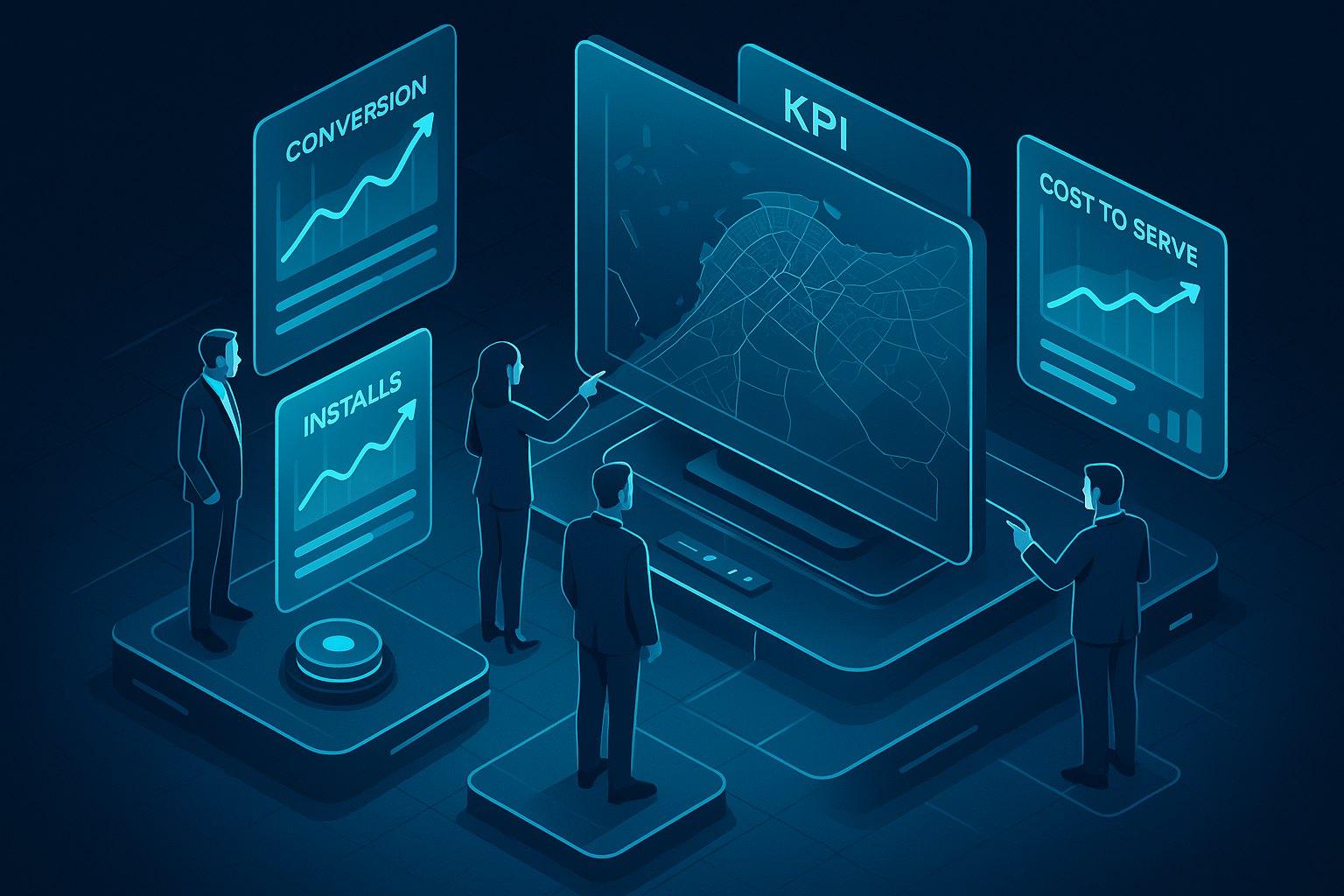 A detailed, futuristic 3D isometric KPI command center with a city scale map of Dubai, cyan #00D4FF charts on glass panels showing conversion, installs, and cost to serve trends, executives pointing at rising metrics