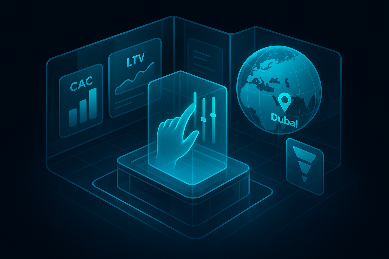 A detailed, futuristic 3D isometric description of a glass control room with floating analytics panels, cyan #00D4FF charts for CAC, LTV, and conversion funnels, a globe pinpointing Dubai, and a holographic hand dragging KPI sliders upward.