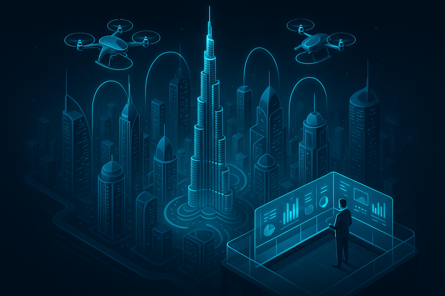 A detailed, futuristic 3D isometric description of a night time Dubai skyline with cyan #00D4FF holographic data streams linking towers, autonomous drones, and an executive terrace with transparent glass dashboards in a premium dark mode glassmorphism style