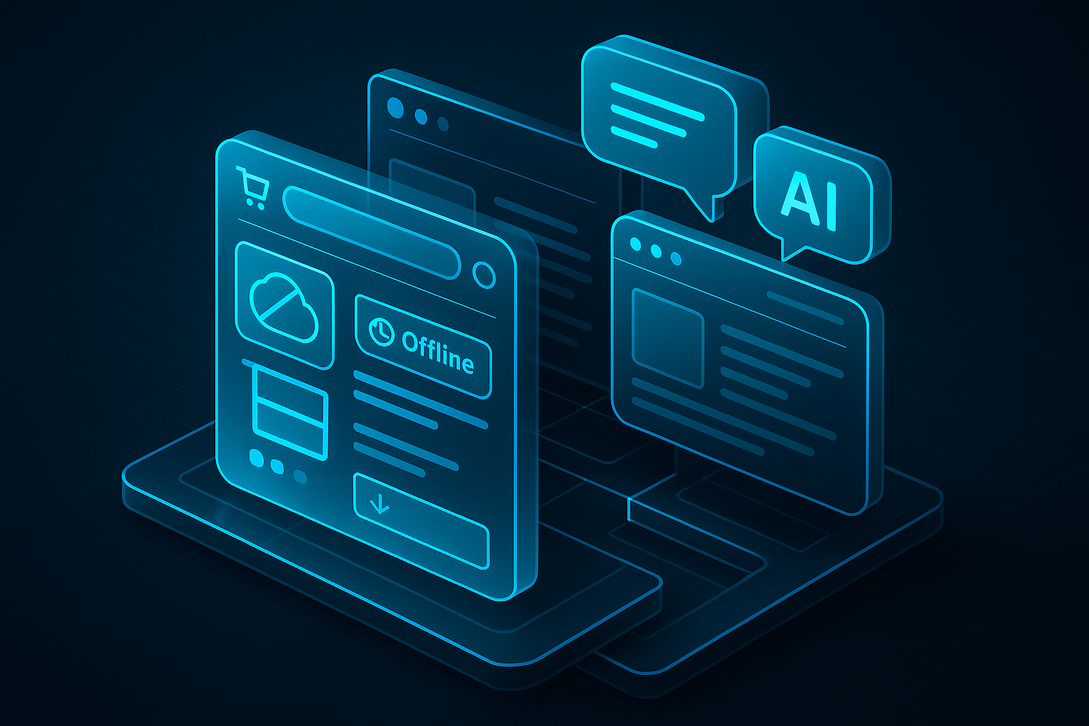 A detailed, futuristic 3D isometric description of a Progressive Web App storefront and admin console with cyan highlights, showing offline badges, install prompts, and AI chat bubbles, set in a glassmorphic frame