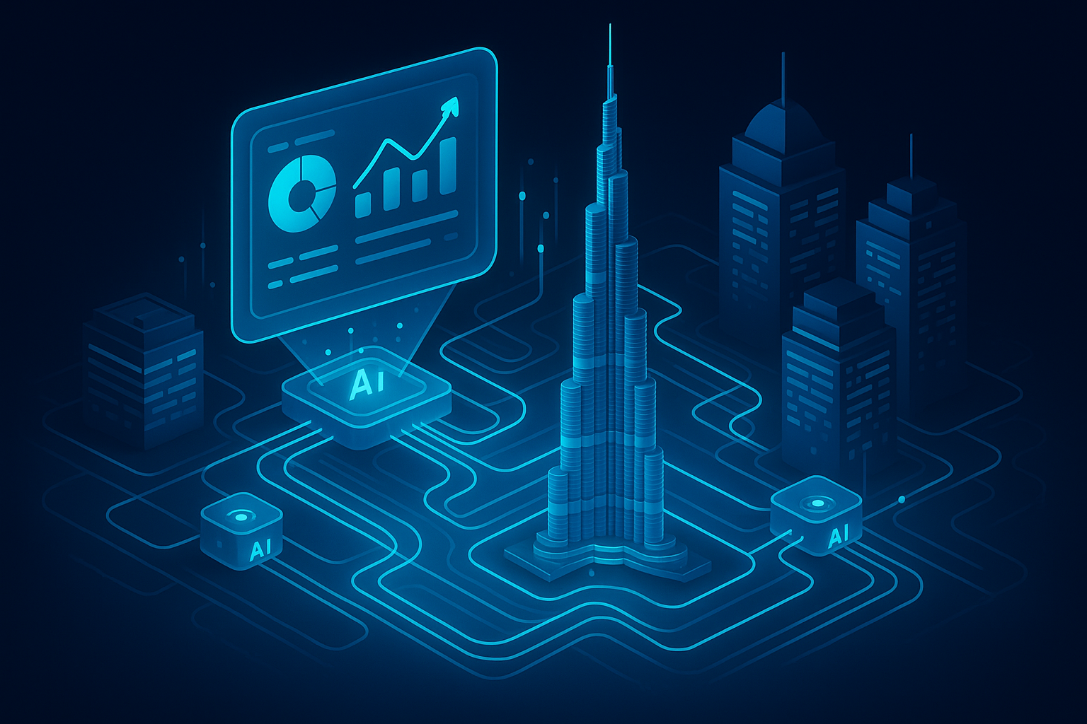 A detailed, futuristic 3D isometric description of a night time Dubai skyline with glowing cyan data streams connecting offices, a holographic ROI dashboard hovering above, and AI nodes orchestrating workflows in a glassmorphism style
