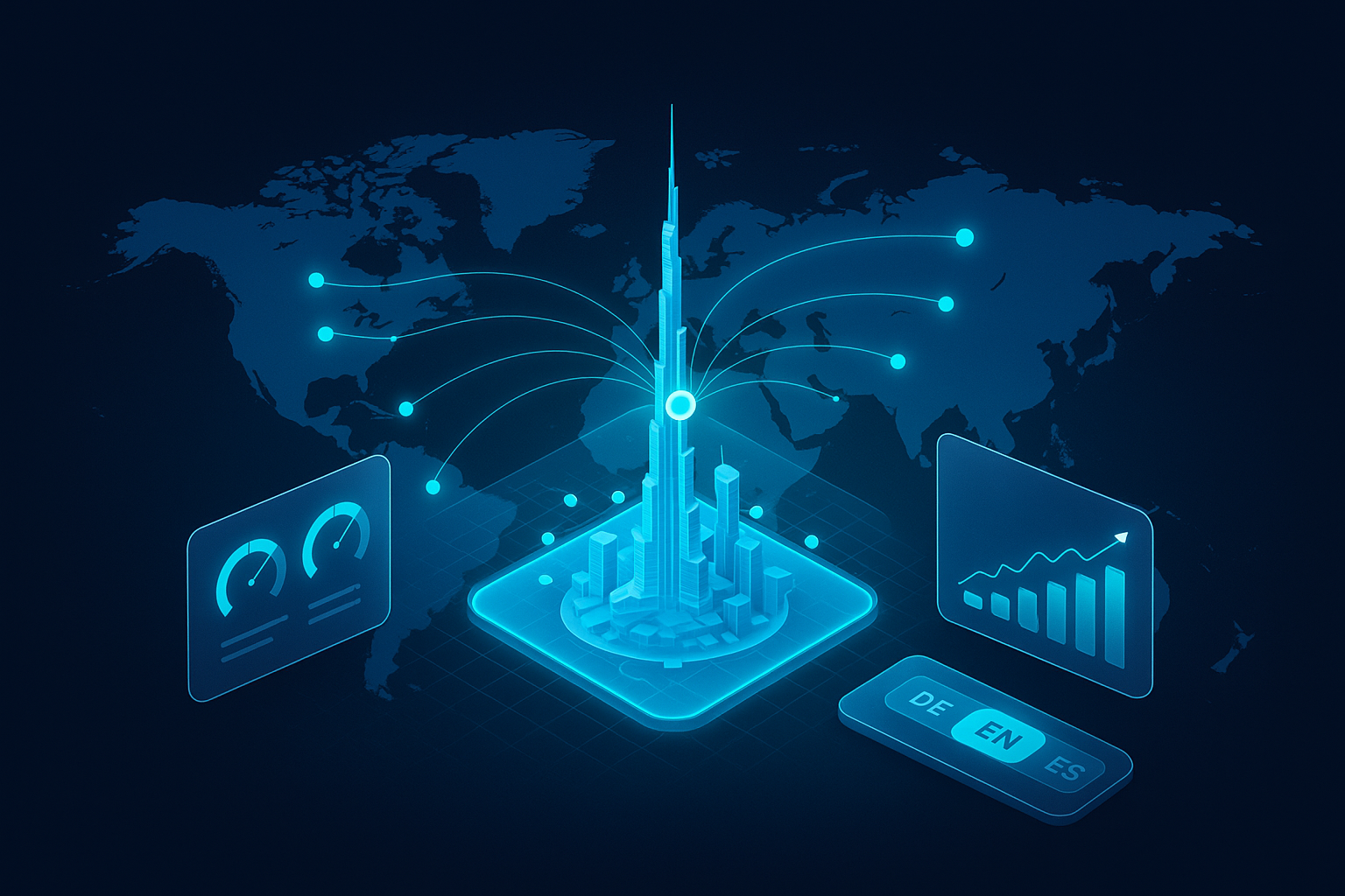 A detailed, futuristic 3D isometric description of a global content delivery map radiating from Dubai with cyan nodes, Core Web Vitals gauges, SEO graphs climbing, and multilingual toggle chips in glassmorphism style