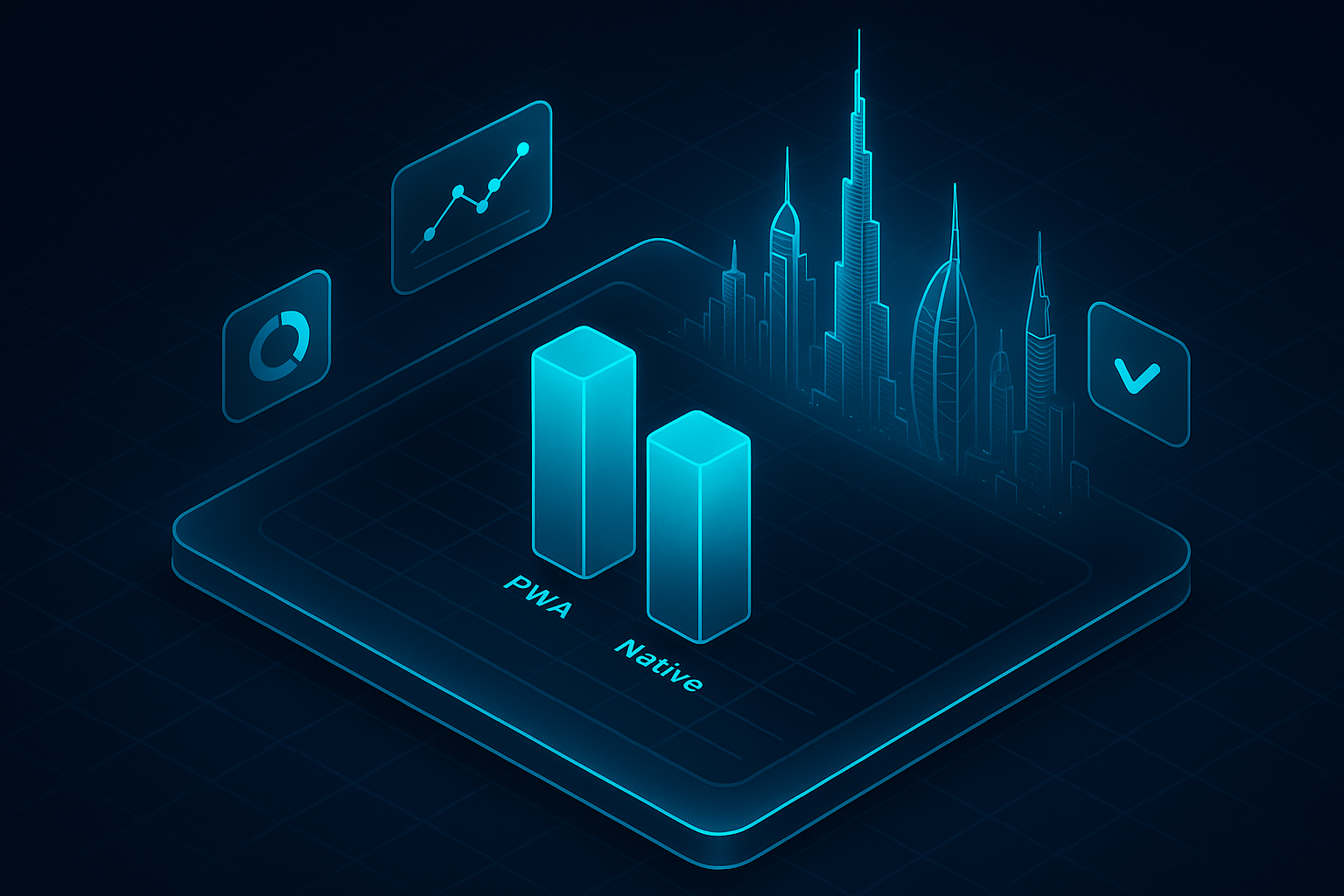 A detailed, futuristic 3D isometric description of a glass dashboard in dark mode comparing total cost of ownership bars for PWA and Native, with cyan #00D4FF glow, Dubai skyline hologram in the background, subtle grid lines and floating KPI chips