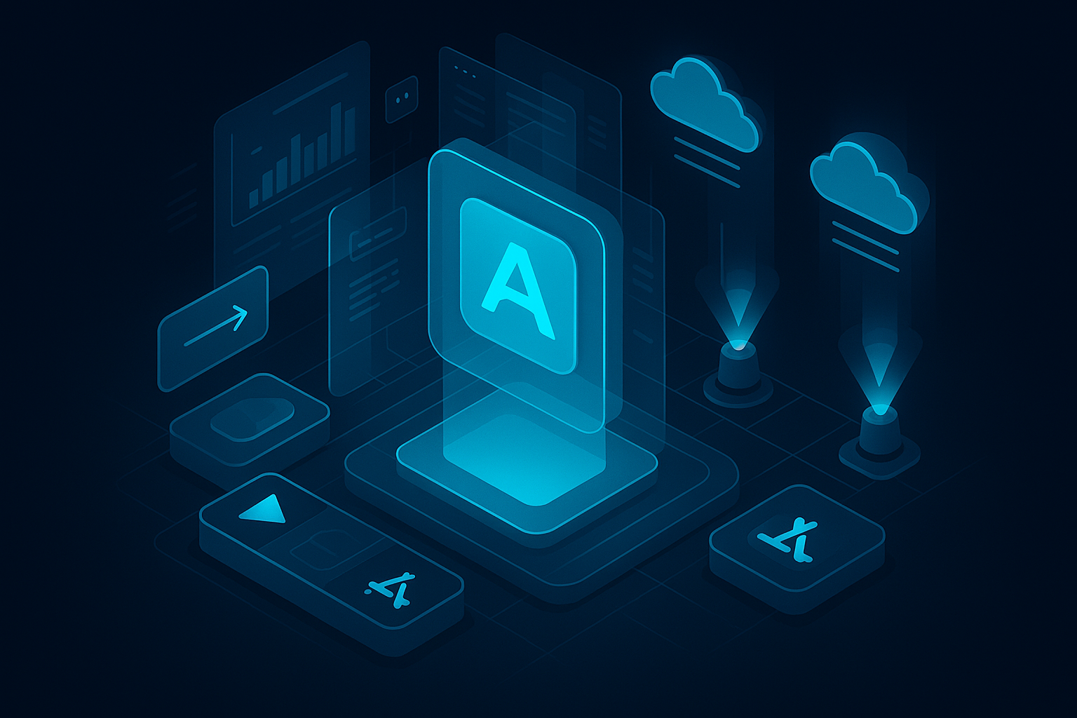 A detailed, futuristic 3D isometric description of a PWA control center with glass panels, a central app card glowing cyan #00D4FF, offline cloud cache nodes, push notification beacons, and an install button flowing into Google Play and App Store style cards, all in dark mode