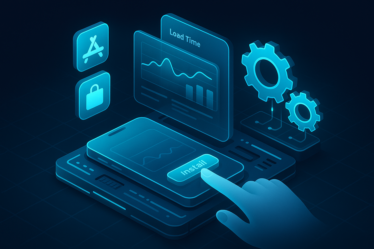 A detailed, futuristic 3D isometric description of a PWA control room with floating app store icons, layered glass panels showing load time analytics, a finger tapping an Install button on a translucent phone, service workers as glowing gears syncing data offline, cyan highlights throughout