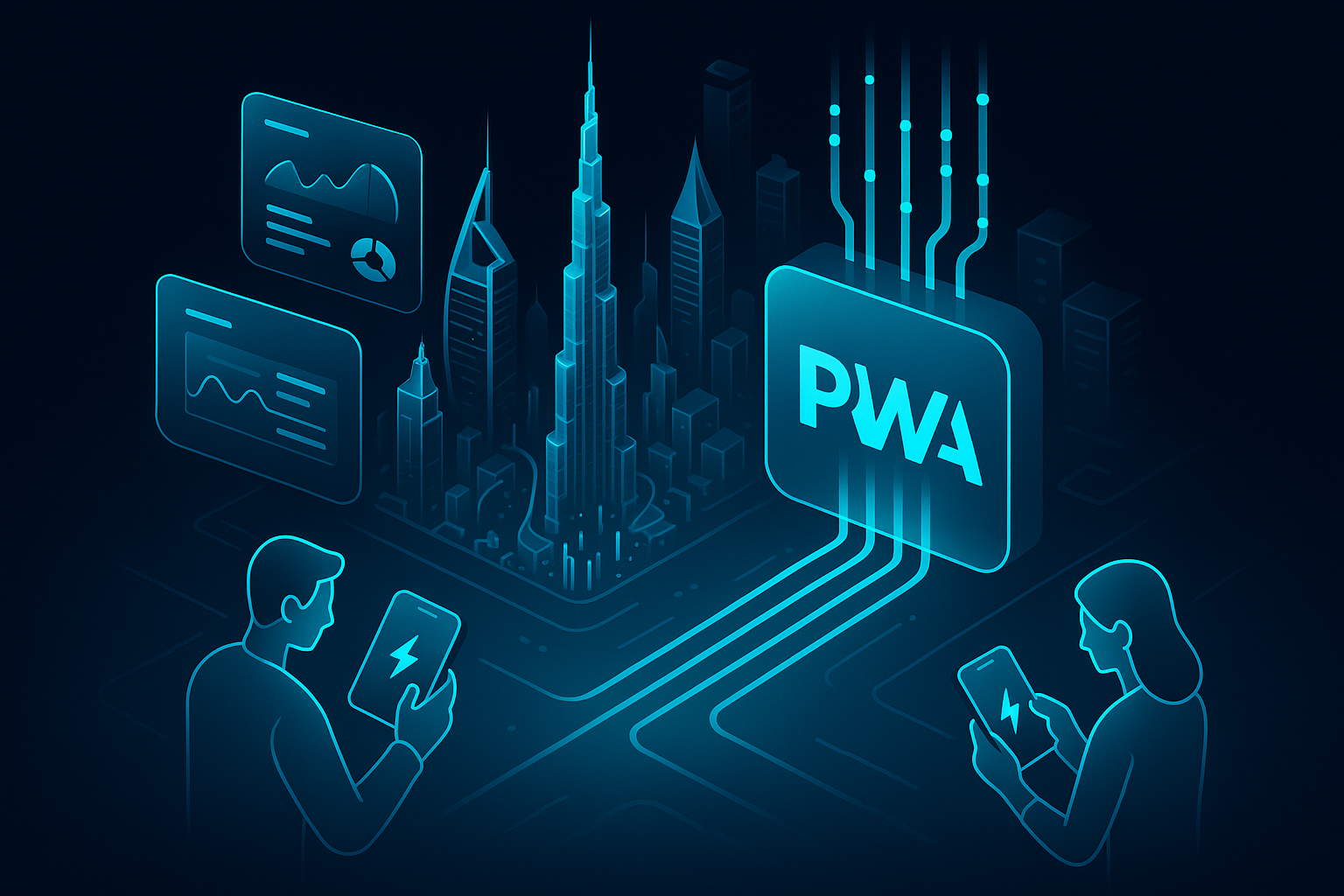 A detailed, futuristic 3D isometric description of a glassy Dubai skyline at night with cyan #00D4FF data streams flowing into a glowing PWA icon, dashboards floating in glassmorphism panels, and users tapping mobile devices that show instant page loads