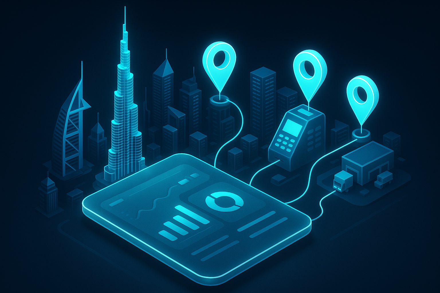 A detailed, futuristic 3D isometric description of a night time Dubai skyline with cyan data streams linking a glassmorphism PWA dashboard to payment gateways and logistics nodes, with glowing map pins, soft shadows, and crisp reflections