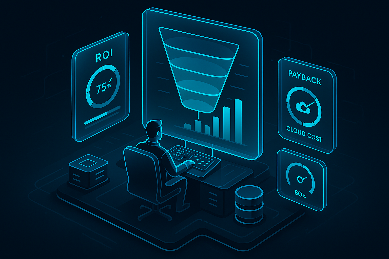 A detailed, futuristic 3D isometric description of a CFO control room with floating ROI and payback gauges, cloud cost dials, and user funnel maps, all rendered in glassmorphism panels illuminated by cyan #00D4FF accents