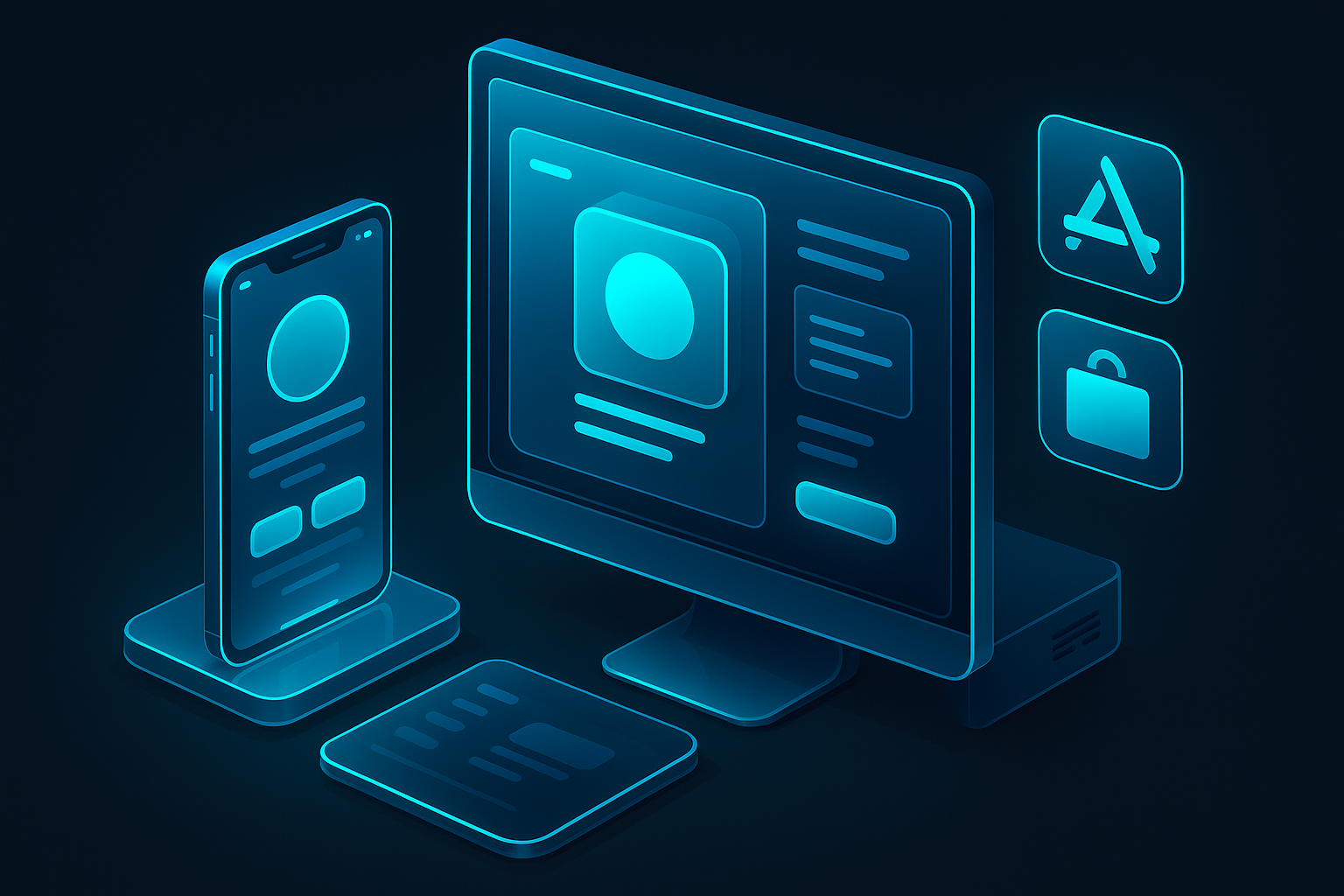 A detailed, futuristic 3D isometric array of devices phone, tablet, desktop with a single PWA interface glowing in cyan #00D4FF, app store badges floating nearby, all in dark mode glassmorphism