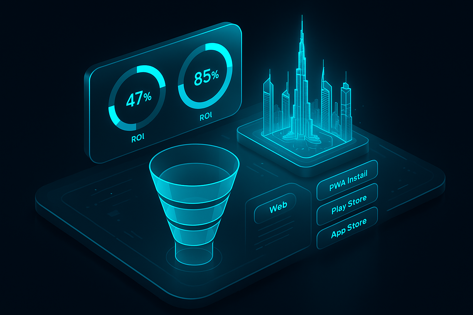 A detailed, futuristic 3D isometric dashboard floating above a dark glass surface, showing ROI gauges, funnel stages, and a holographic Dubai skyline in cyan #00D4FF accents, with touchpoints labeled Web, PWA Install, Play Store, App Store.
