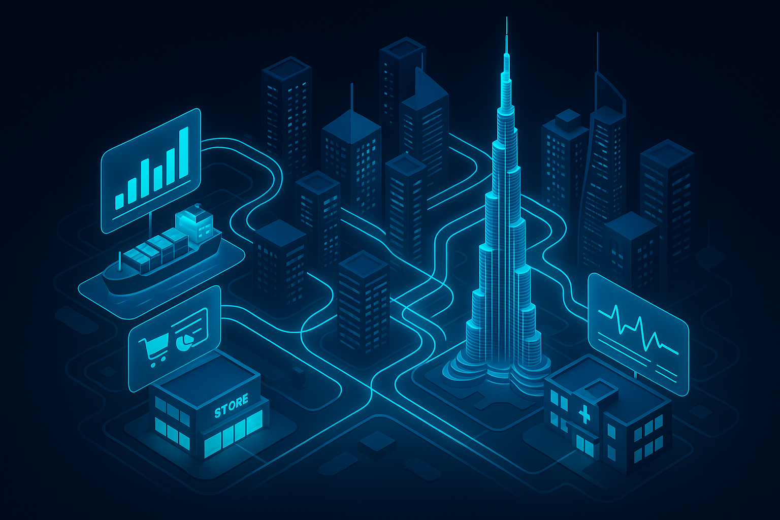 A detailed, futuristic 3D isometric illustration of a dark mode Dubai skyline with cyan #00D4FF data streams flowing between towers, holographic dashboards hovering over ports, retail stores, and hospitals, in glassmorphism style