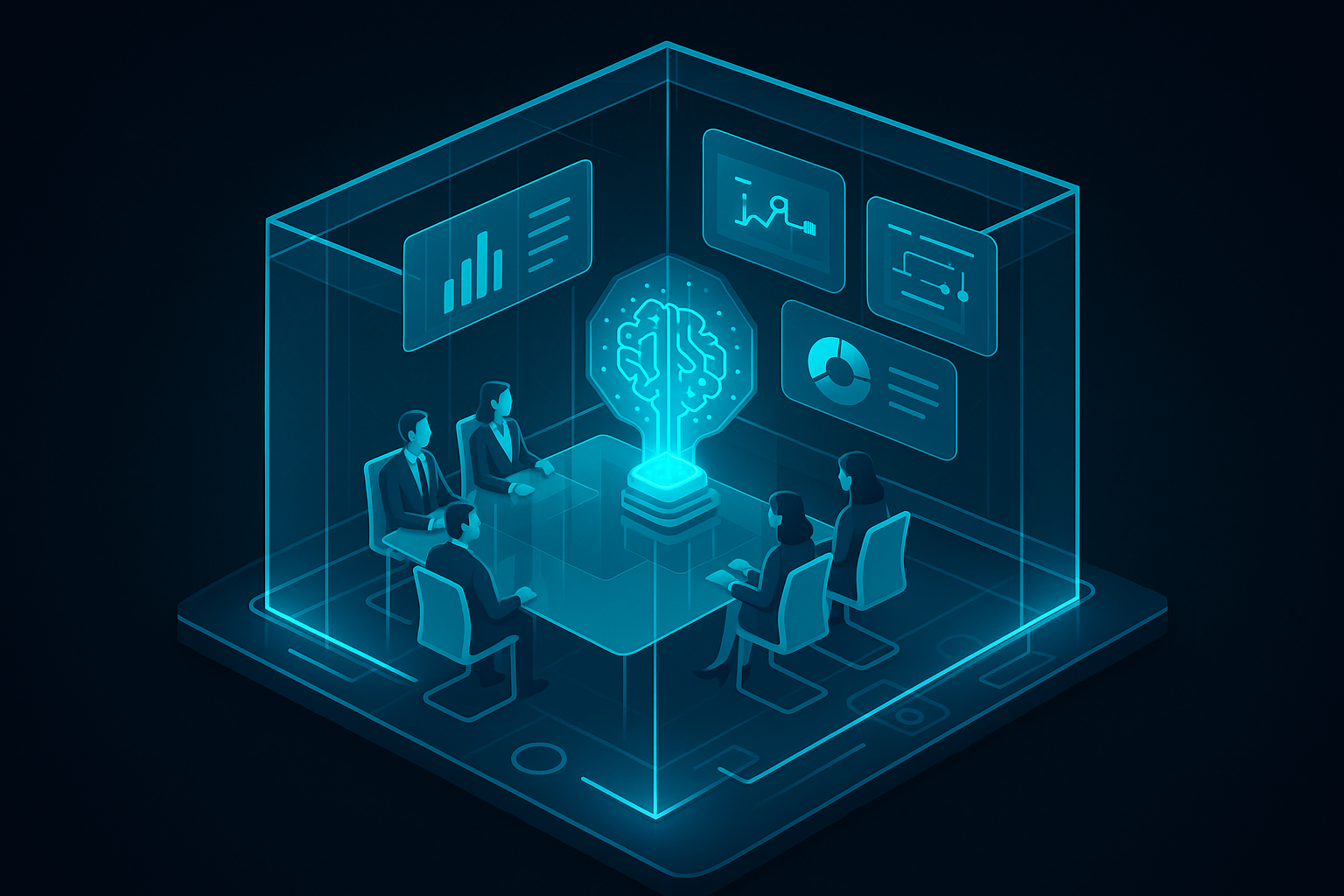 A detailed, futuristic 3D isometric description of a glass boardroom with executives viewing a holographic AI control center, cyan highlights around KPI cards and workflow automations, with a subtle Arabian geometric motif in dark mode