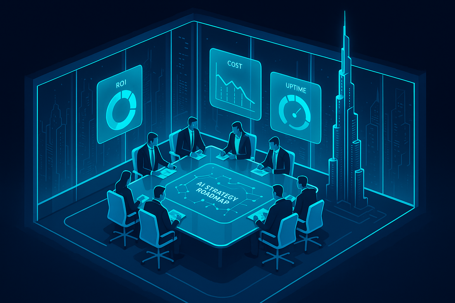 A detailed, futuristic 3D isometric description of a Dubai boardroom overlooking a glowing skyline with cyan holographic analytics, glassmorphism panels showing ROI, cost, and uptime metrics, executives reviewing an AI strategy roadmap
