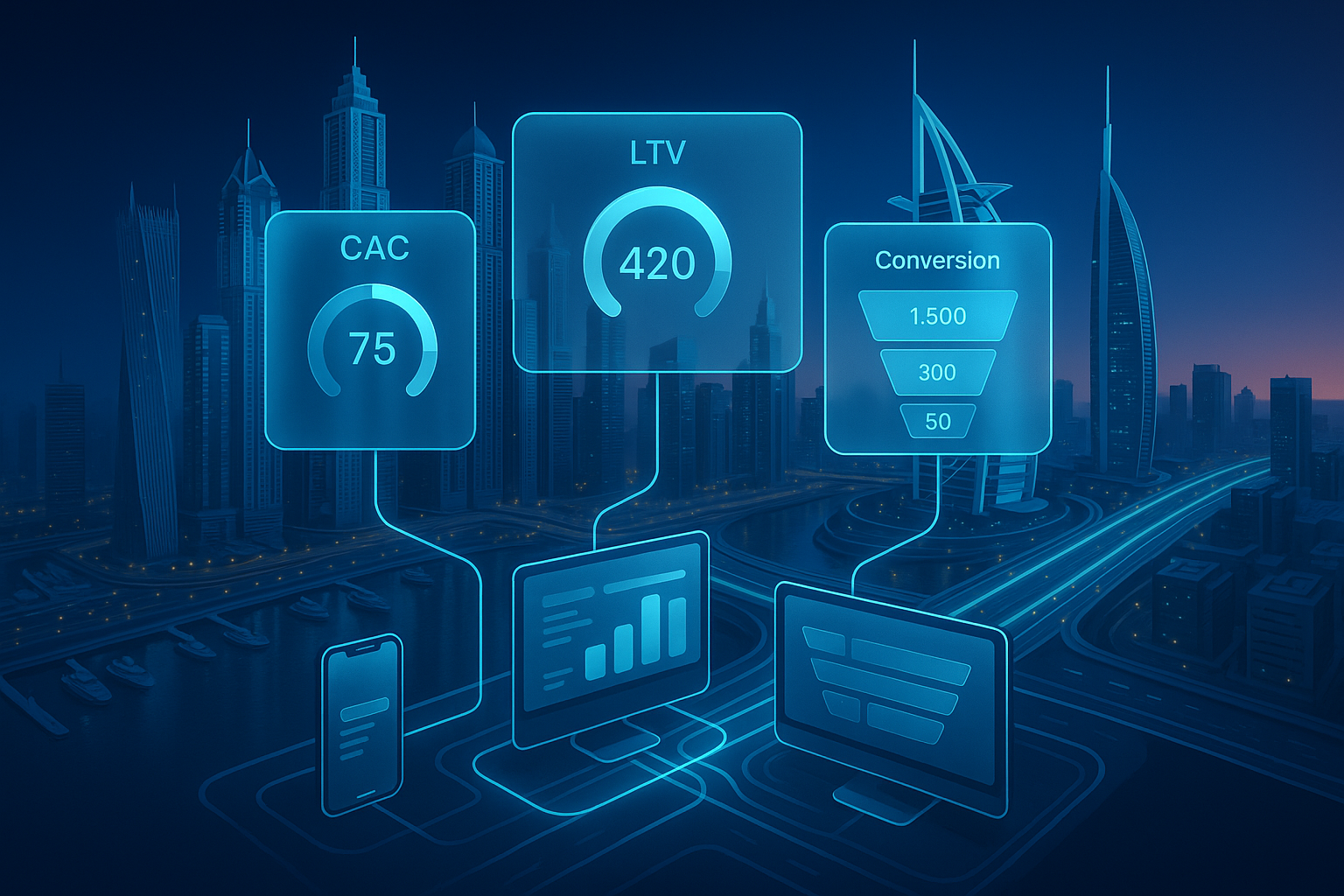 A detailed, futuristic 3D isometric description of Dubai Marina and Sheikh Zayed Road at sunrise, overlaid with translucent glassmorphism UI panels in cyan #00D4FF, showing KPI cards for CAC, LTV, and conversion funnels that animate along data highways connecting phones, tablets, and desktop screens.