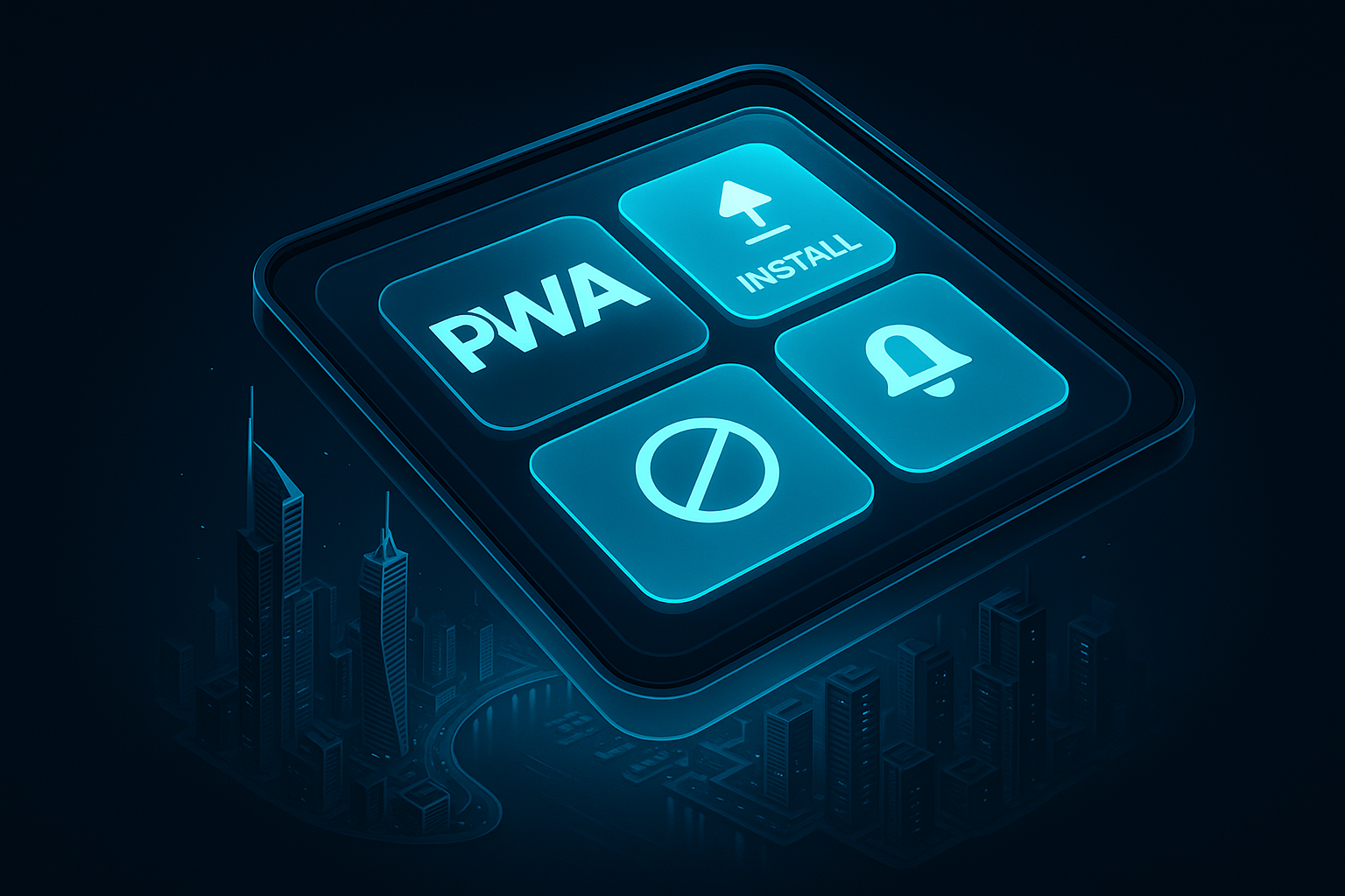A detailed, futuristic 3D isometric description of a PWA icon grid floating above Dubai Marina, app tiles glowing in cyan #00D4FF with install buttons, offline badges, and push bell icons, all in a premium dark glassmorphism frame