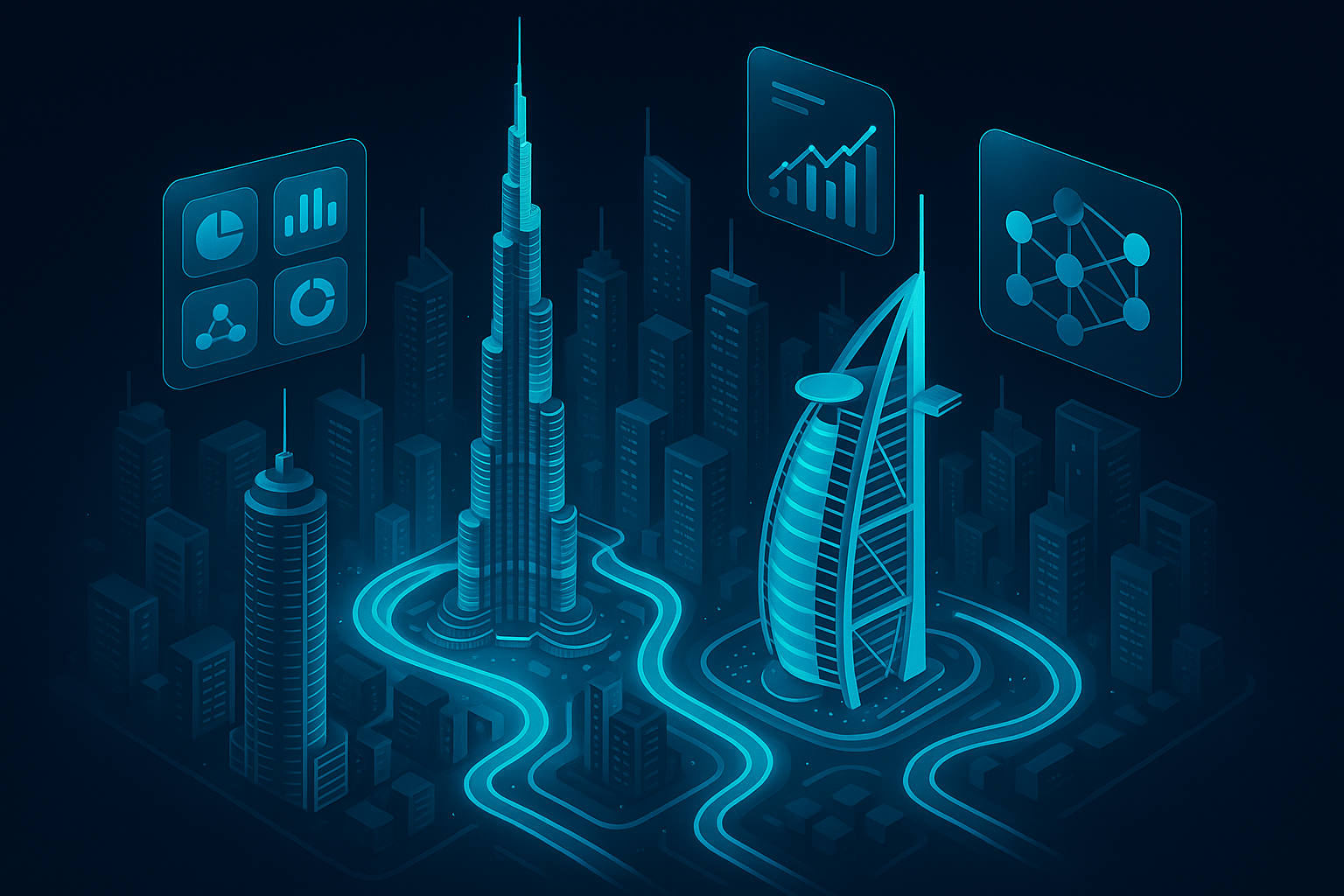 A detailed, futuristic 3D isometric description of a night time Dubai skyline with cyan data rivers flowing between towers, glassmorphism UI panels hovering with KPI tiles and AI model nodes, premium lighting and soft neon reflections