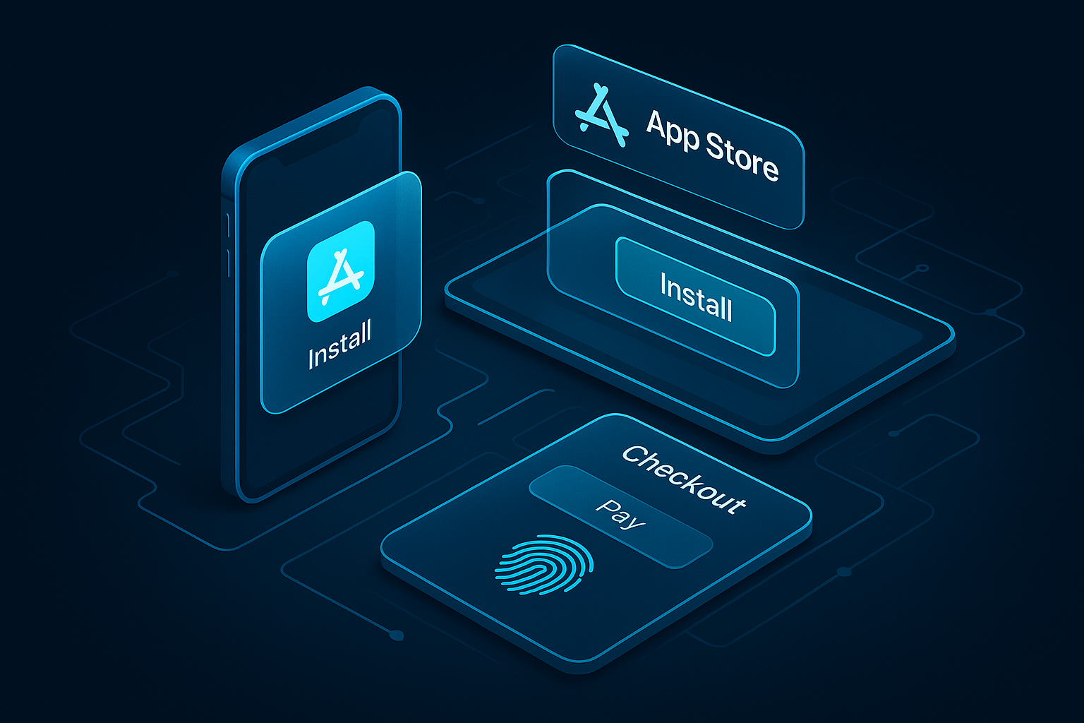A detailed, futuristic 3D isometric description of a PWA install flow on a phone and tablet with glassmorphism cards, cyan #00D4FF glow, App Store and Google Play style badges, and a seamless checkout UI panel showing one tap payment and biometric confirmation.