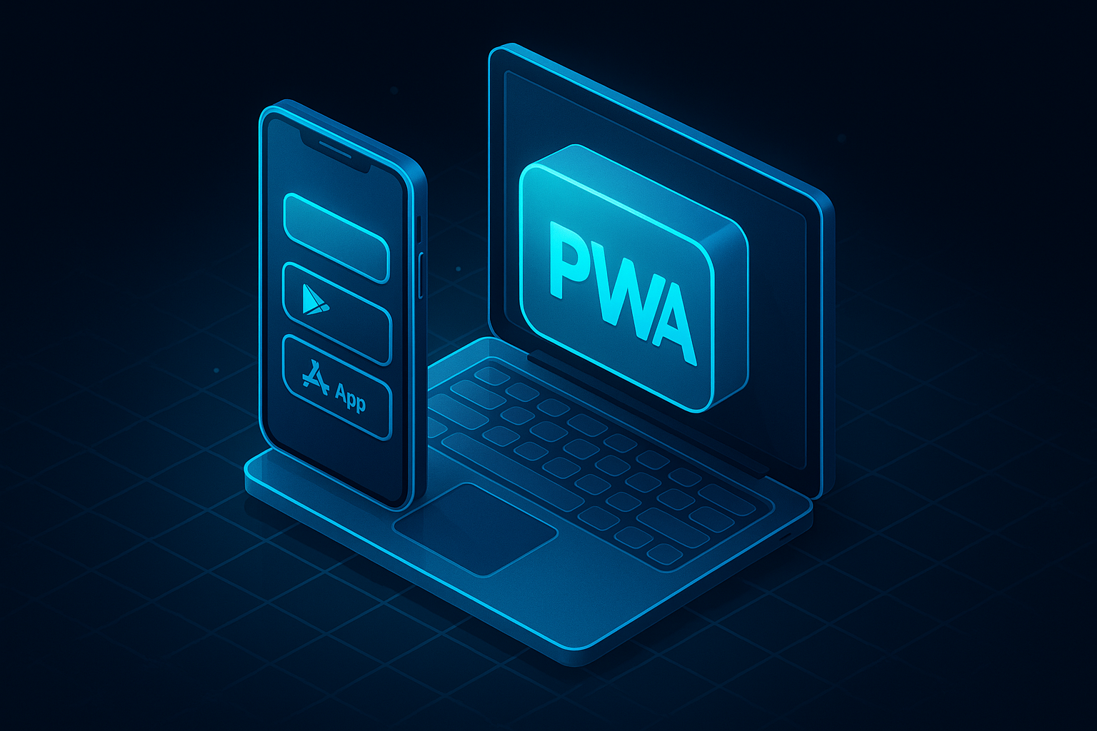 A detailed, futuristic 3D isometric description of a smartphone and laptop merging into a single PWA icon, with install buttons for Google Play and App Store, glowing cyan #00D4FF, floating over a translucent grid.