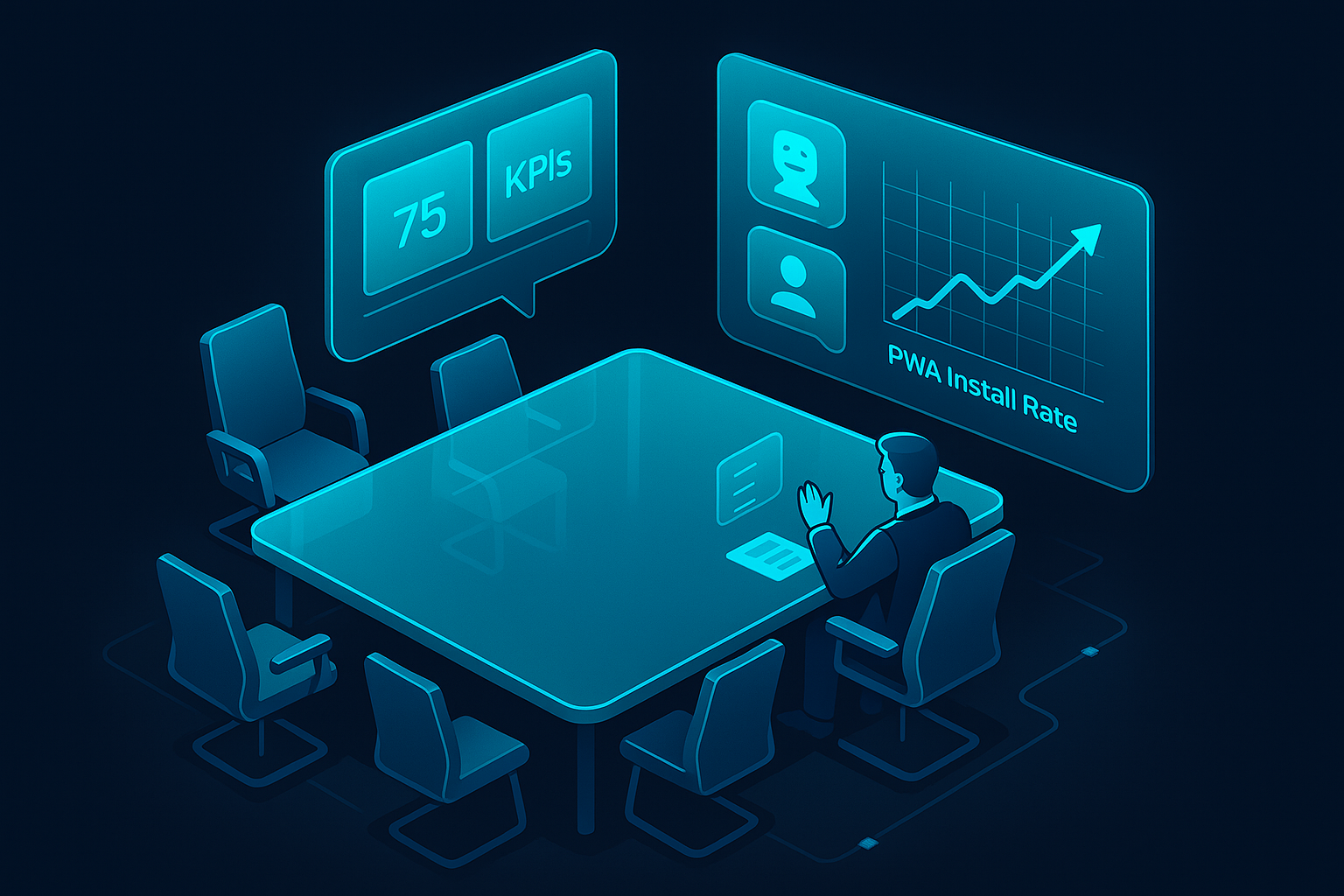 A detailed, futuristic 3D isometric description of a boardroom table with transparent screens, a CEO reviewing KPI tiles in cyan, AI copilot chat bubbles guiding a customer journey, and a PWA install rate graph rising