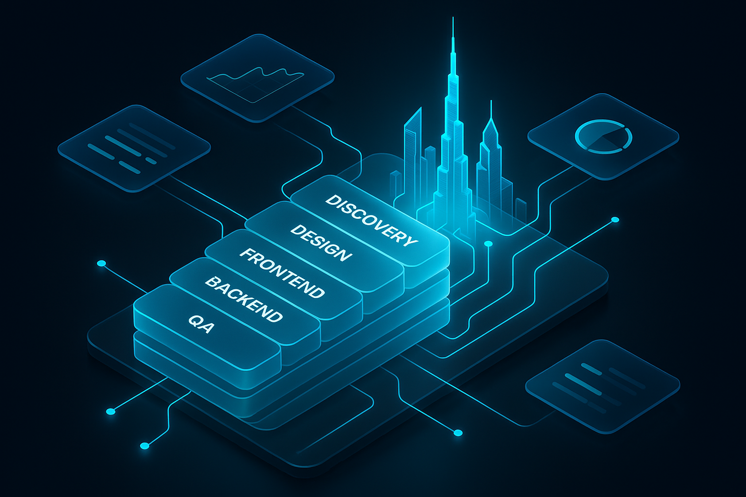 A detailed, futuristic 3D isometric dashboard floating over a dark glass surface, showing layered cost blocks for Discovery, Design, Frontend, Backend, QA, and Cloud; cyan #00D4FF lines connect nodes to a stylized Dubai skyline hologram; glassmorphism cards reflect soft neon light.
